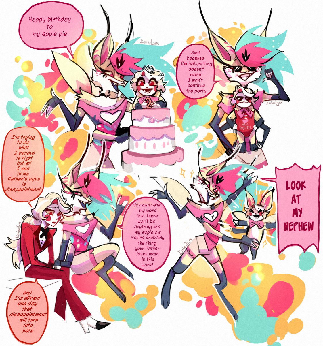 Spending quality time with auntie.

Well... Honestly, I really loved the idea of Bee being a cool aunt for Charlie. So here, enjoy more fanart!

#HelluvaBossBeelzebub #HelluvaBoss #HelluvaBossSpoilers #HelluvaBossFanart #Gluttony  #HazbinHotelCharlie #HazbinHotelFanart