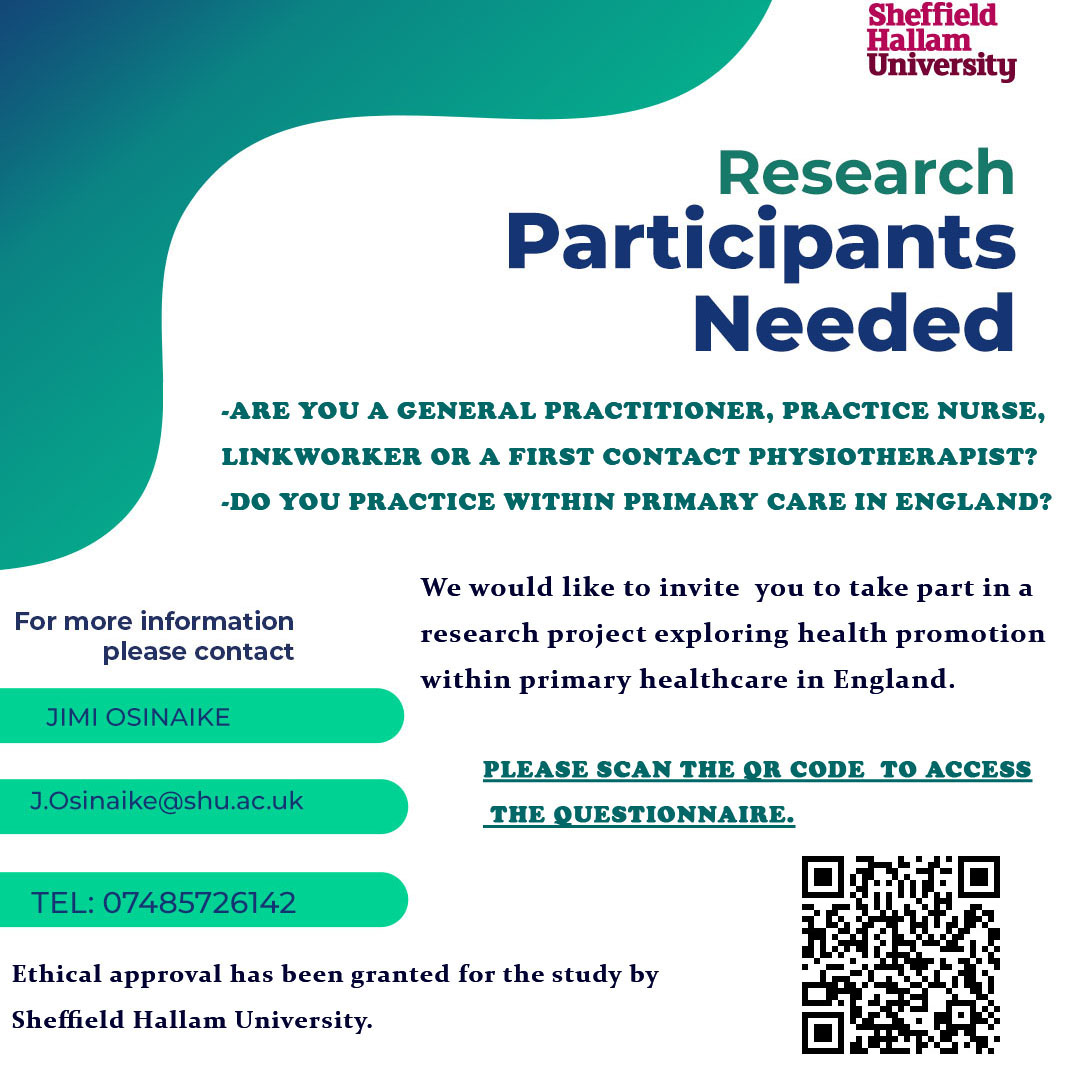 GPs, firstcontact physiotherapists, practice nurses and link workers practicing in England are needed to fill out a quick survey on their physical activity promotion practices. Please use the link below or scan the QR code to access the survey.@olliehart7 shusls.eu.qualtrics.com/jfe/form/SV_ah…