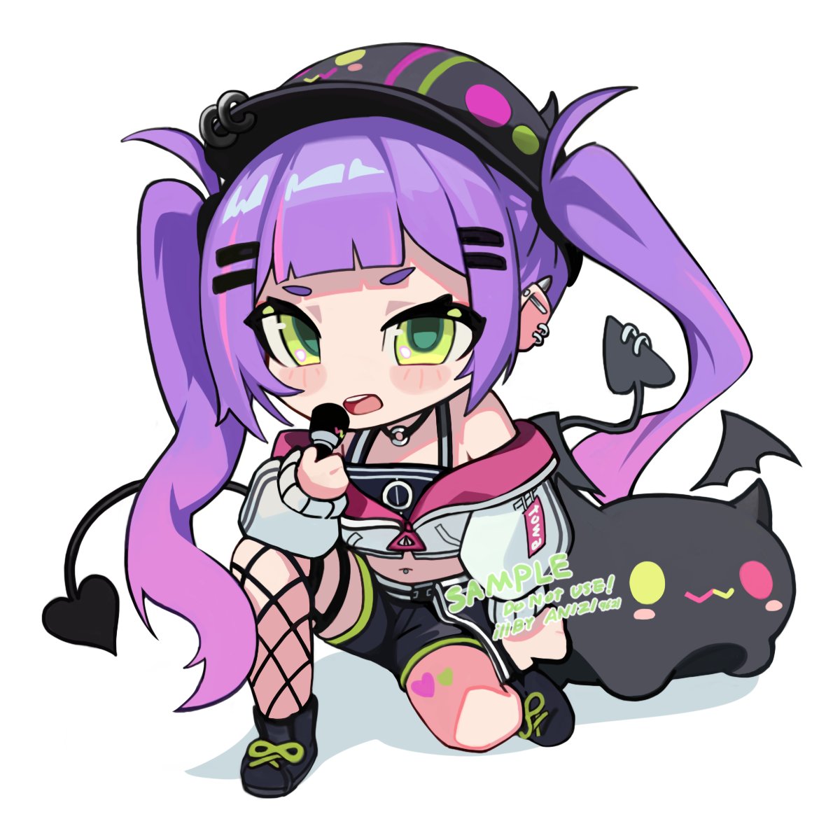 tokoyami towa 1girl chibi green eyes purple hair tail black headwear microphone  illustration images