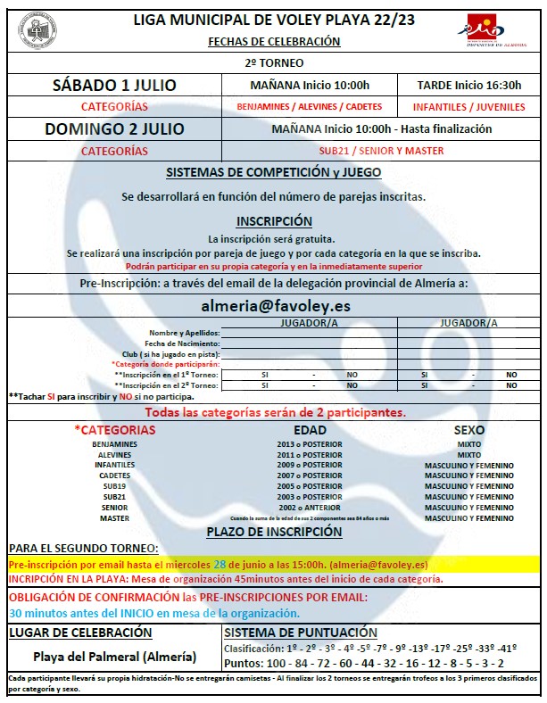 Aún no te has APUNTADO al 2º Torneo 
VOLEY-PLAYA de los Juegos Deportivos Municipales
¿A que estas esperando?
Pre-Inscripciones x email hasta el 28, a las 15:00h.
Inscripciones en la Mesa de Organización 45 minutos antes del INICIO de tú categoría.
<a href="/PMDAlmeria/">PMD Almería</a> 
<a href="/antcasimiroual/">Antonio Casimiro</a>