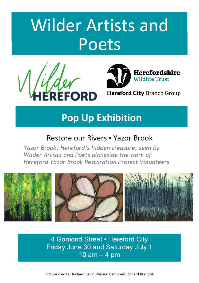 This Friday &amp; Saturday: #WilderHereford pop-up exhibition in Gomond Street, #Hereford with the brilliant @RichardTreeArt and friends. 
herefordshirewt.org/events/2023-06…

<a href="/hArtWeek/">h.Art</a> <a href="/SaveTheWye/">Save The Wye Coalition</a> <a href="/HerefordArtsCol/">Hereford Art College</a> <a href="/VisitHfds/">Visit Herefordshire</a> <a href="/EatSleepLiveHfd/">Eat Sleep Live Herefordshire</a> <a href="/herefordtimes/">Hereford Times</a> <a href="/HerefordTIC/">Hereford Tourist Information Centre</a>