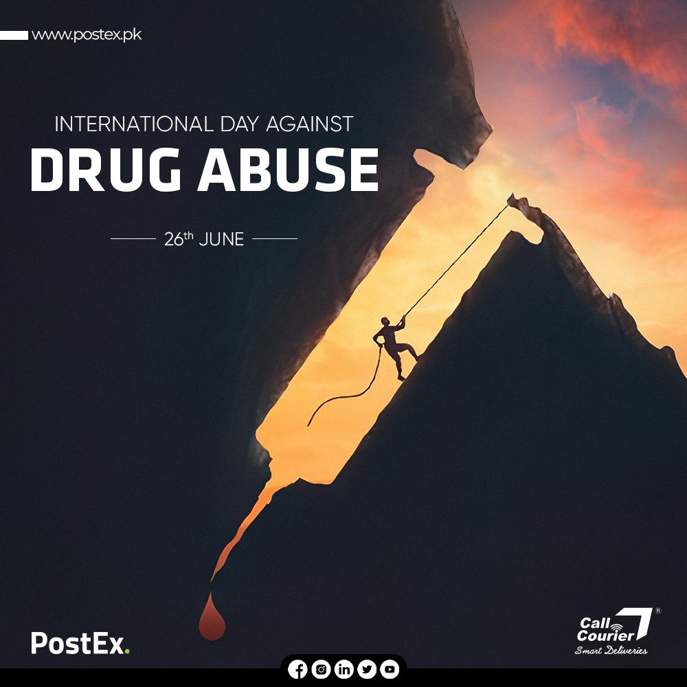 Stay Away From Drugs! International day against drug abuse and illicit trafficking is observed on 26th June every year. On this day, lets stand together and fight drug abuse to have a successful and steady life ahead. 

#PostEx #CallCourier #SmartDeliveries #SmartCOD