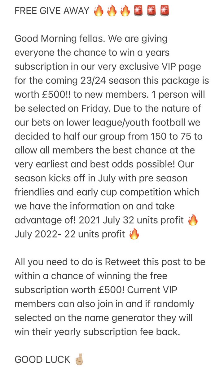 FREE GIVE AWAY IN OUR EXCLUSIVE VIP PAGE 🔥🚨🔥🚨 

To enter please Retweet this post! 

Closing for this will end 12.00pm Friday! 
Random name generator will be used!

Worth £500 fellas😎🤝 Good luck 🤞🏼 

#bettingpicks #bettingexpert #betting #winning