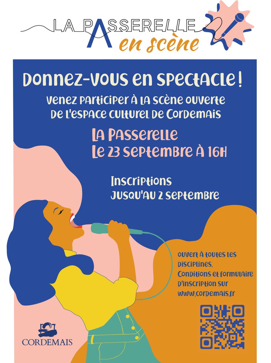 Le samedi 23 septembre, de 16h à 19h, vous êtes invité à participer ou à venir assister à La Passerelle en scène, une scène ouverte qui mettra à l’honneur les talents de nos territoires. #cordemais

Informations et inscriptions : cordemais.fr/scene-ouverte/