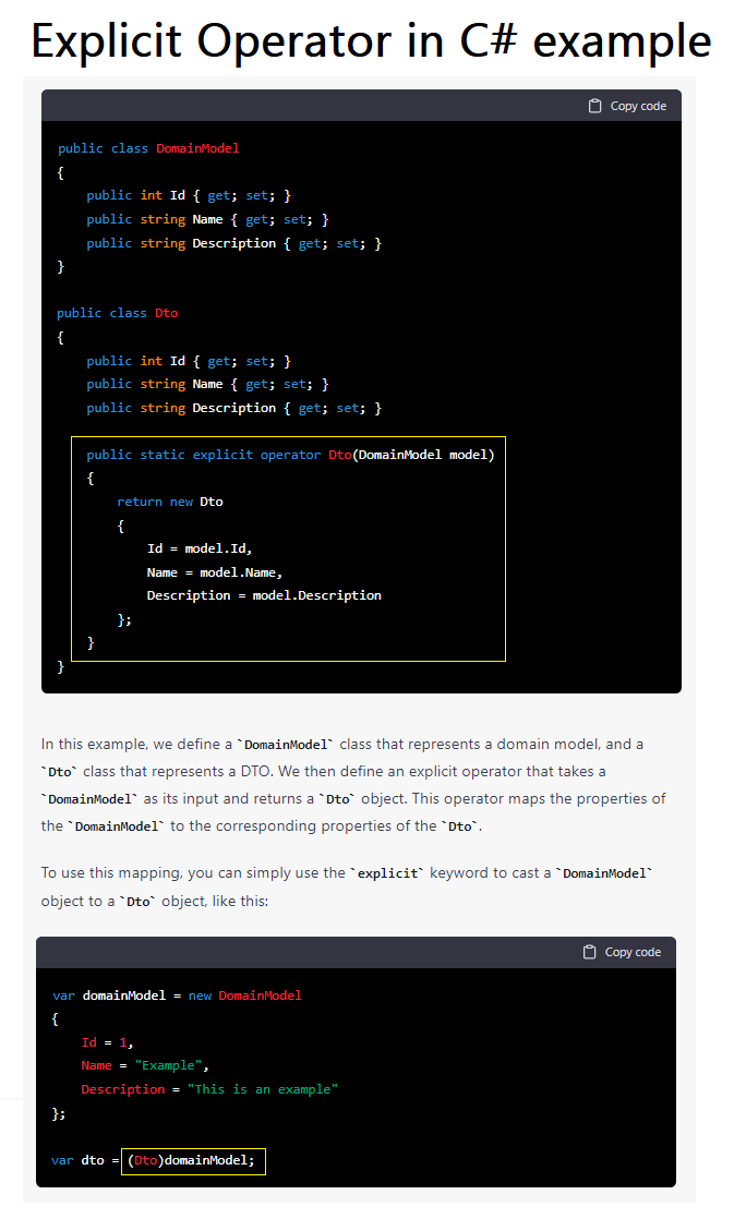 In .NET we have plenty of ways to map objects to one another ...

Below is an example (courtesy of ChatGPT) of using the EXPLICIT OPERATOR 👇🏻 ...

How do you like to map objects? 

#dotnet #csharp