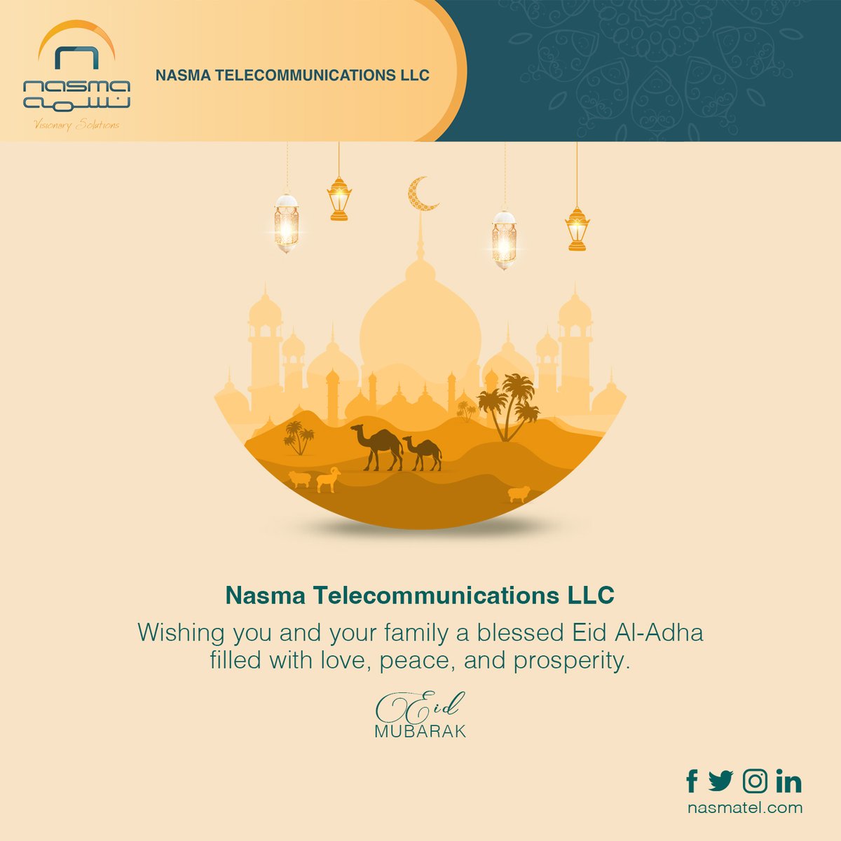 Nasmatel's tweet photo. Nasma Telecommunications LLC Wishing you and your family a blessed Eid Al Adha filled with love, peace, and prosperity. #Eid #Mubarak #celebrations #blessed #Nasmatel #Muscat  #Oman https://t.co/bOy79S2Trf