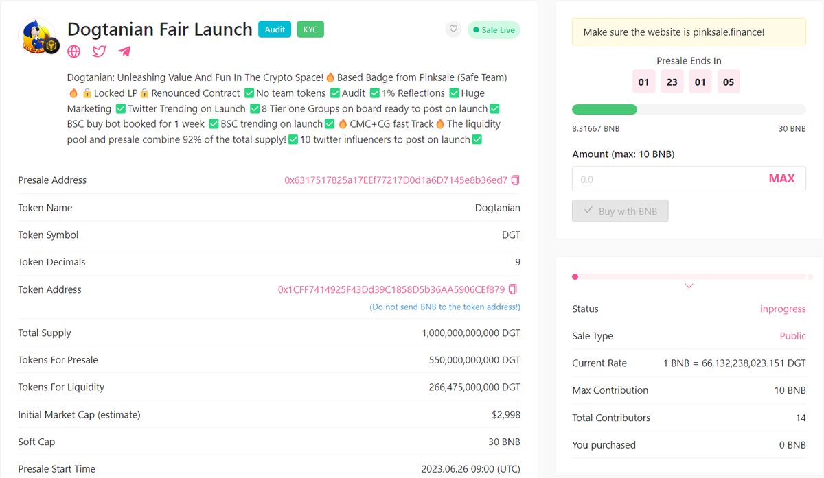 Fair launch presale just started 🚀
Presale will close at some point,this will be a low cap moonshot!

Presale link shorturl.at/esHI3

#Dogtanian #DGT #Pinksale #memecoin #Moonshots #Crypto #cryptocurrency #cryptotrading #bnb📷 #elon #musk #doge #now #BSC #bscgem