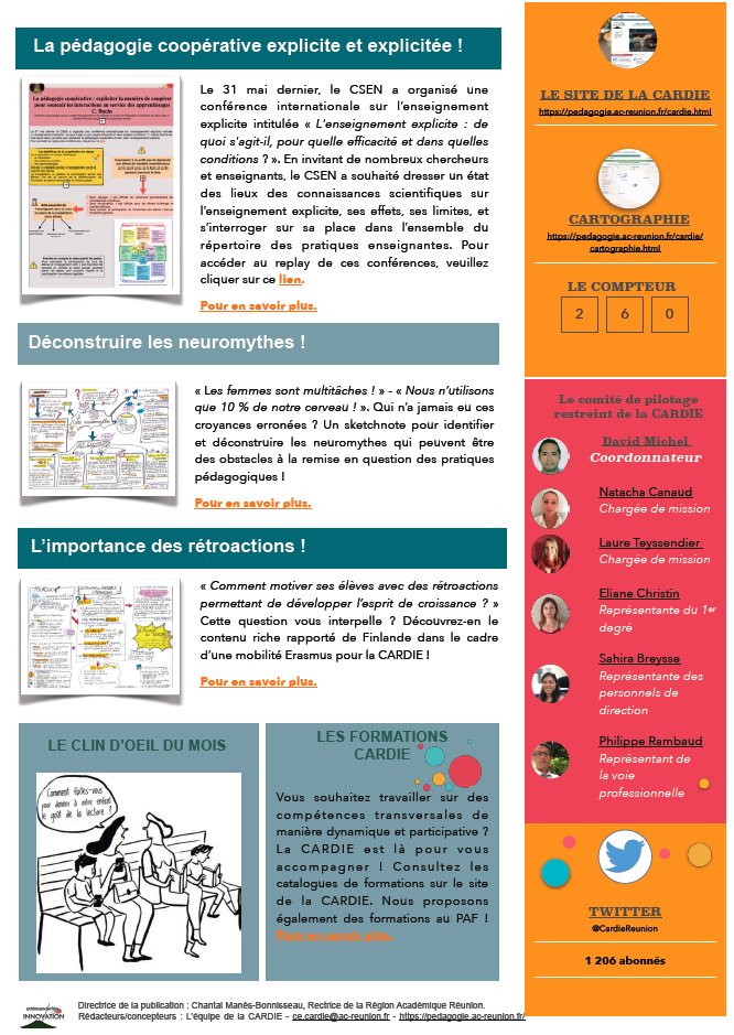Innov'actus 14, la dernière lettre de l'année de la <a href="/CardieReunion/">CARDIE REUNION</a> est en ligne ! Au programme : les neuromythes, l'importance des rétroactions, un  retour sur la #JNI2023 et notre au revoir à <a href="/Graine2Francais/">Natacha Canaud</a> qui s'envole vers d'autres responsabilités    pedagogie.ac-reunion.fr/fileadmin/ANNE…