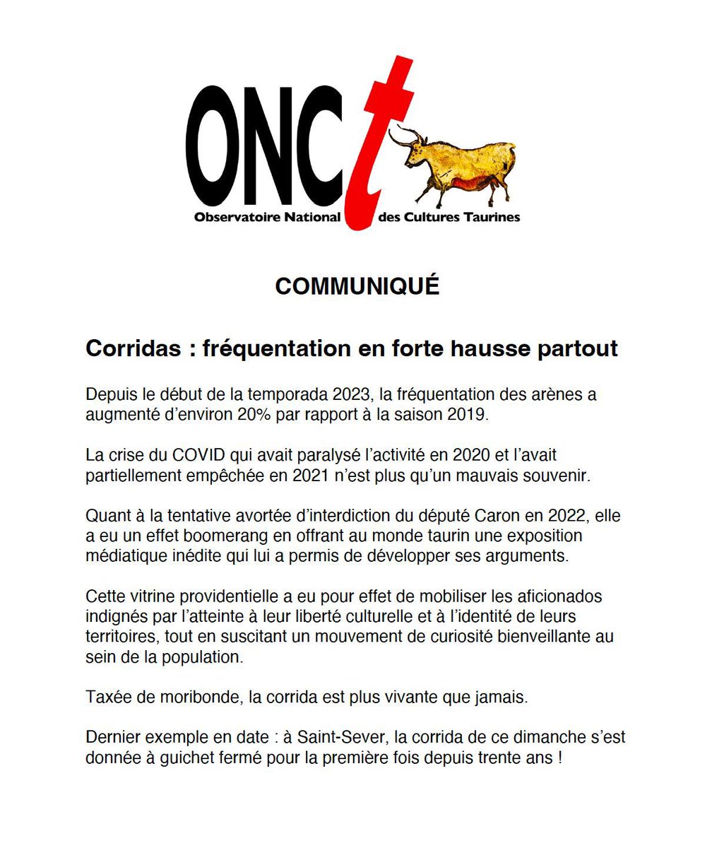 🚨La saison taurine 🇫🇷 ne fait que débuter et déjà une fréquentation des arènes en hausse de 2️⃣0️⃣ %. 
La corrida plus vivante que jamais 
Retrouvez notre communiqué ⬇️