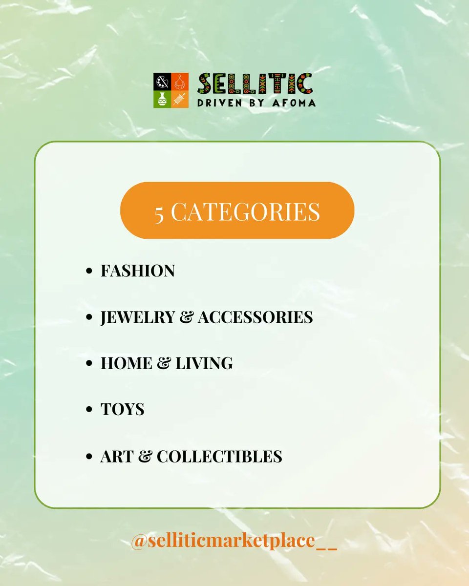 🌟Discover unique products on SELLITIC MARKETPLACE! 

Explore our diverse marketplace featuring 5 captivating categories: fashion, jewelry & accessories, home & living, toys, and art & collectibles. 🛍️🎁