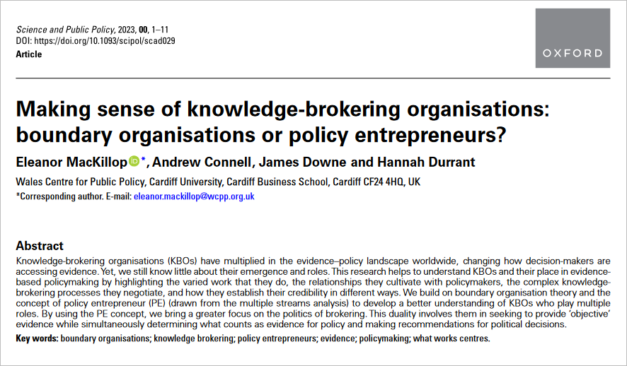 Individuals & organizations acting at boundaries btw knowledge, policy & practice fill notable roles in #SciencePolicyInterfaces. @esmackillop et al. show how UK #BoundaryOrganizations build #credibility in diverse ways to offer evidence to decision-makers doi.org/10.1093/scipol…