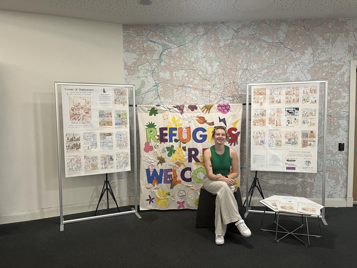 Lovely to see our Echoes of Displacement comic displayed at Central Library in #Manchester for @RefugeeWeek. An accessible way to communicate experiences of growing older & seeking sanctuary. @LeverhulmeTrust  @MCRSociology #coproduction #refugeeswelcome #agefriendlycities