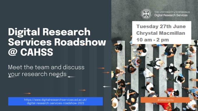 We will be at Chrystal Macmillan Building on 27/6, 10 am - 2pm, for the sixth & last #DRSRoadshow stop. Come say hi, and find out more about #DigitalResearch services. #DRSEvents #friendswithDRS @EdinUniCAHSSres @EdCDCS @ResearchDataUoE @uoessps