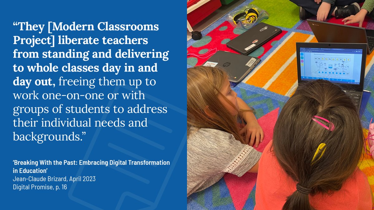 “They [Modern Classrooms Project] liberate teachers from standing and delivering to whole classes day in and day out..." Read more about the findings in this latest report from Digital Promise: ow.ly/msar50OVEv7.