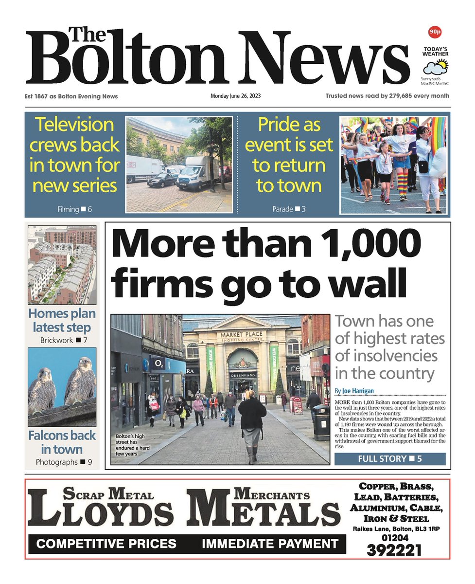 Here's the front page of Monday's @TheBoltonNews📰 'More than 1,000 firms go to wall' #Bolton #GreaterManchester #BuyAPaper #LocalNewsMatters #Newsquest #BWFC #CourtNews #CrimeNews #BoltonWanderers #BoltonNews