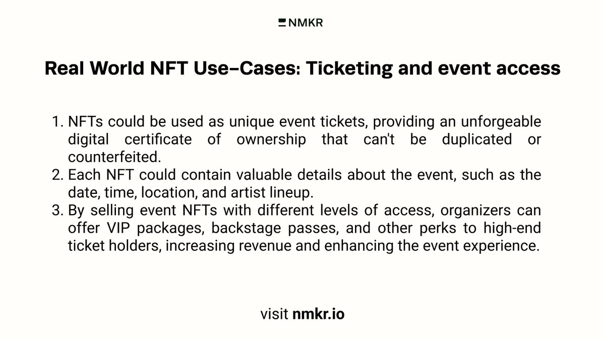 nmkr_io's tweet image. "NFTs are more than just digital art. They have the potential to solve real-world problems. For instance, using them for ticketing and event access. At NMKR, our tools enable everyone to harness this potential. #NFT #RealWorldUseCases"