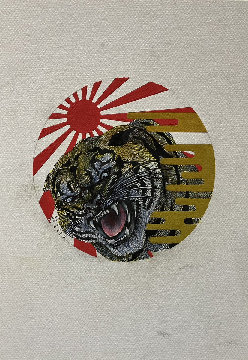 no humans traditional media tiger open mouth fangs rising sun flag year of the tiger  illustration images