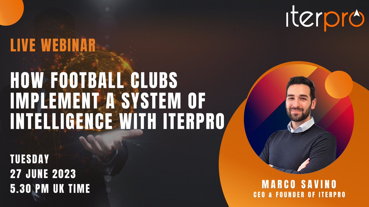 iterpro's tweet image. Just one day to go for our live webinar with our CEO and founder Marco Savino on &quot;How football clubs implement a system of intelligence with Iterpro&quot;.

Register now though the following link buff.ly/3NiXKla 

#soccer #football #digitalinnovation #sportstech #iterpro