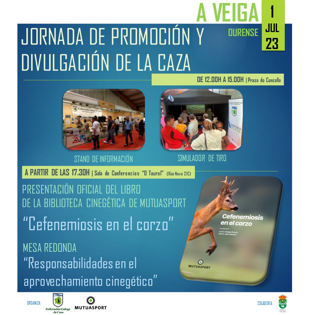 ¡Este fin de semana tenéis una cita!
Mutuasport participa en la Jornada de Promoción y Divulgación de la caza organizada por la <a href="/fgalegacaza/">Federación Galega de Caza</a>
📍A Veiga,Ourense
📆1/7/23
⏰12.00h
Y a las 17.30h, tendrá lugar la presentación del 7ºlibro de la #BibliotecaCinegética de Mutuasport.