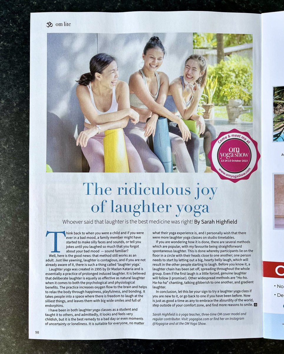 yogagise's tweet photo. My latest yoga column in the July 2023 issue of @OmYogaMagazine is on shelves now!
This month, Iβm discussing discussing the ridiculous joy of laughter yoga:
#OmYogaMagazine #OmYogaMag #Yogagise #YogagiseYoga #SarahHighfield #YogaColumn #yogathoughts #thebusinessofyoga https://t.co/xYuAoNHkRu