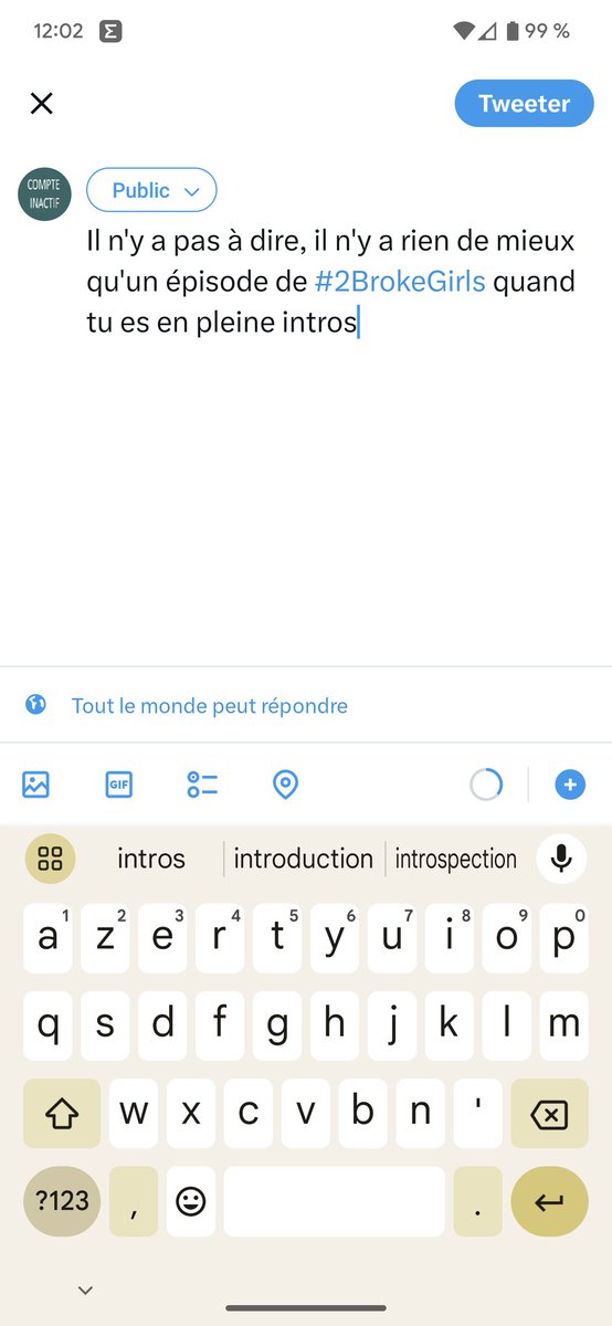 VeQduj's tweet image. Il n'y a pas à dire, il n'y a rien de mieux qu'un épisode de #2BrokeGirls quand tu es en pleine introspection !

et voici les choix du correcteur durant la rédaction de ce tweet