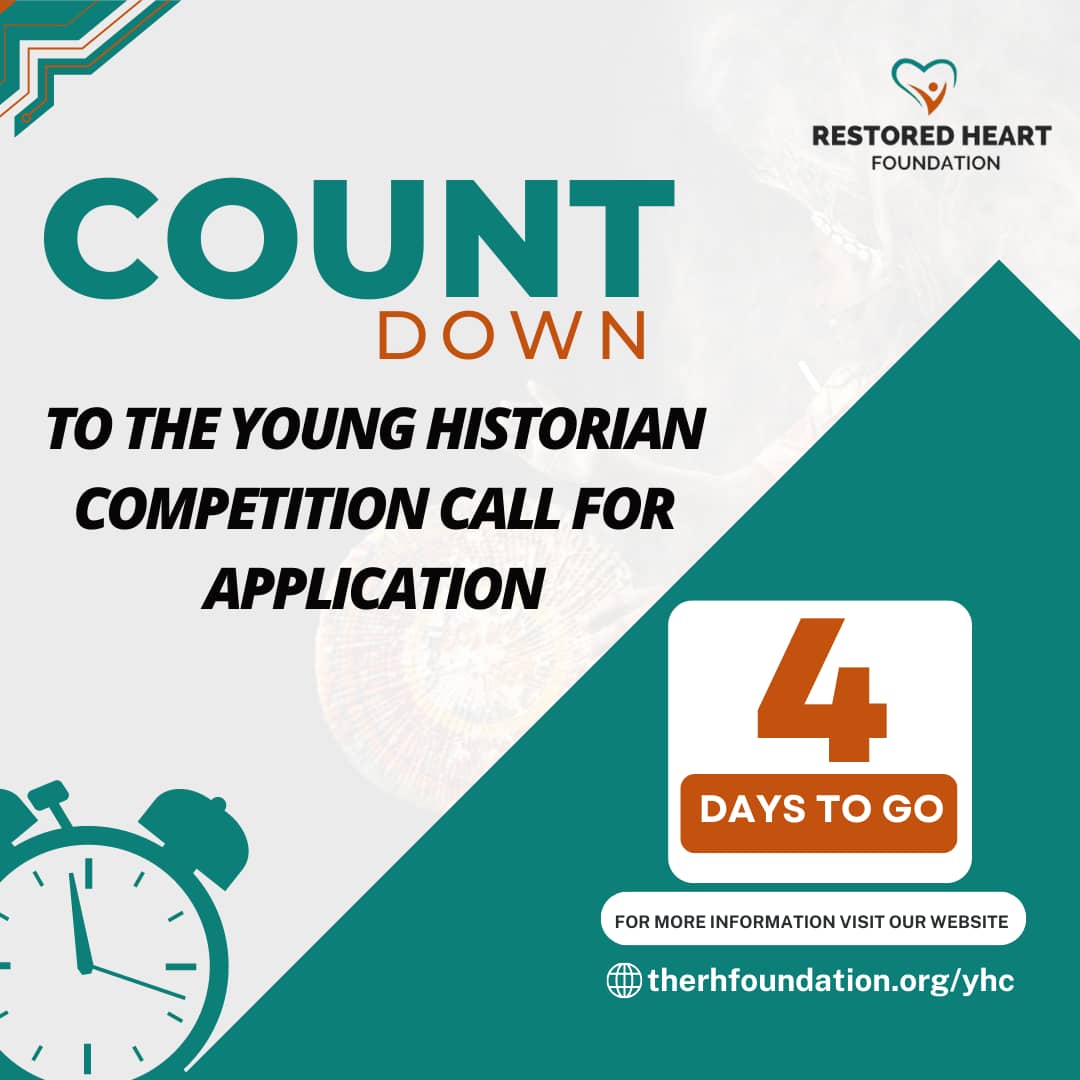 restoredheart1's tweet photo. π 4 days to go, The Young Historian Competition call for application starts Saturday 1st July, save the date and turn on tweet notification π
#YHC2023 #younghistoriancompetition #yhc #restoredheartfoundation #therestoredheartfoundation #educationforall #historycompetition #sdg4 https://t.co/qiiKx4OsHu