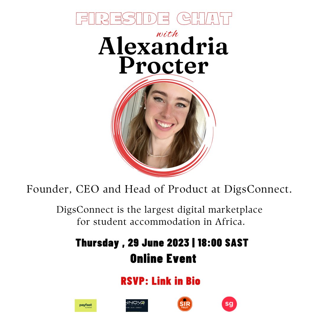 We are excited to announce that we will be hosting a Virtual Fireside Chat with Alexandria Procter , the Founder, CEO and Head of Product at DigsConnect.

This event will take place on Thursday, 29 June.

RSVP using link below.

startupgrind.com/events/details…