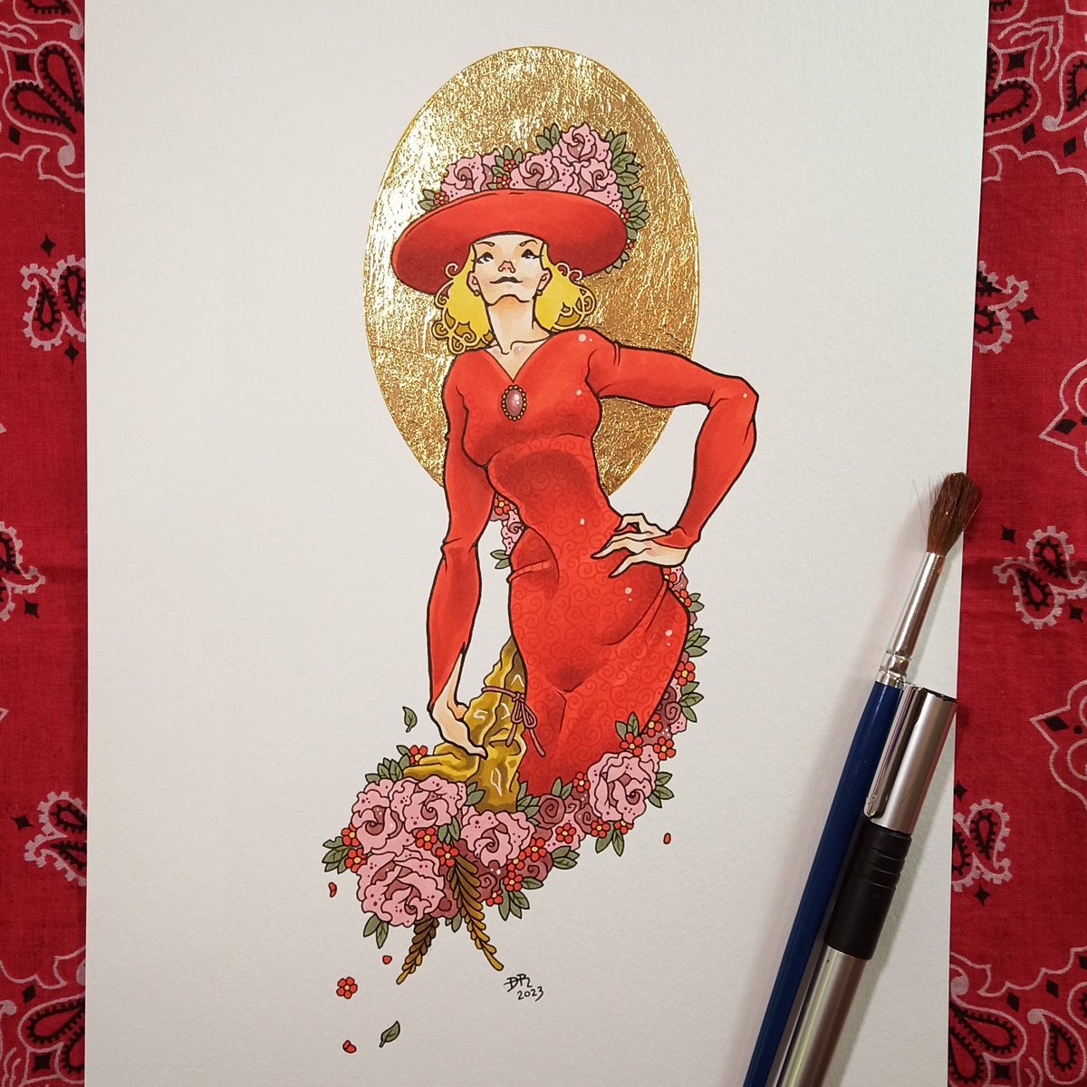 Lady, Hat, Flowers, big block of gold leaf.... #art #artwork #drawing #painting #illustration #design #drawingoftheday #illustrationoftheday #paintingoftheday #pinup #roses #flowers #dress #hat #ladyinred #bouquet #bunchofflowers