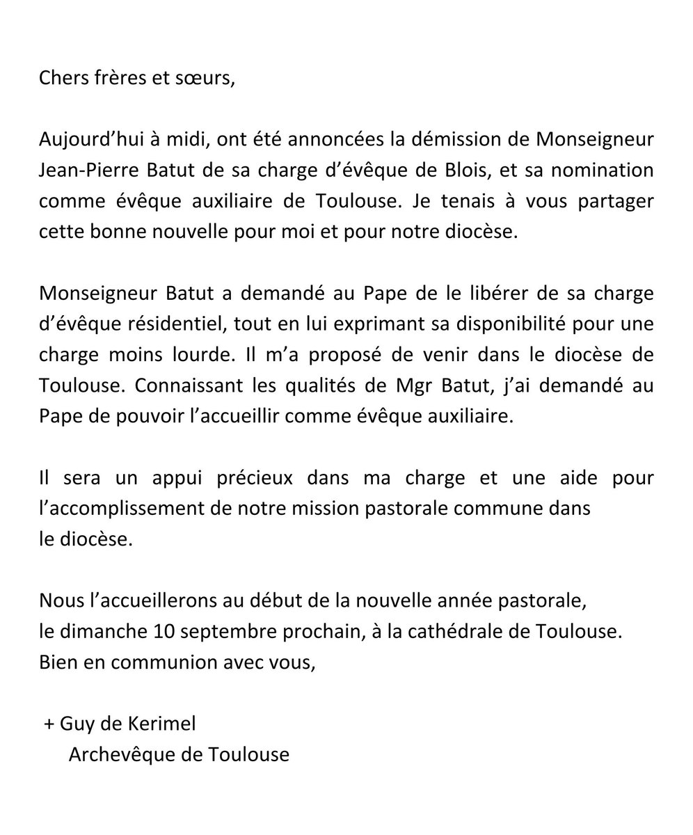 Aujourd'hui, le Saint Père a nommé Mgr Batut, évêque auxiliaire de Toulouse.

<a href="/dioceseblois/">Diocèse de Blois</a> <a href="/Eglisecatho/">Église catholique en France</a>