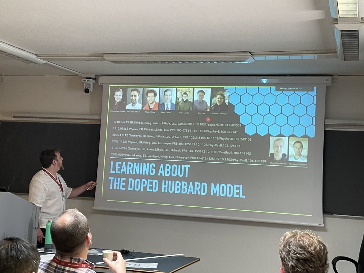 rothkopfAK's tweet image. Evan Berkovitz @fz_juelich tells us about #machinelearning applied to the study of the #Hubbardmodel an iconic model of #condensedmatter physics relevant e.g. for #graphene. Challenge in presence of doping (chemical potential) ➡️another sign problem. @EctTrento