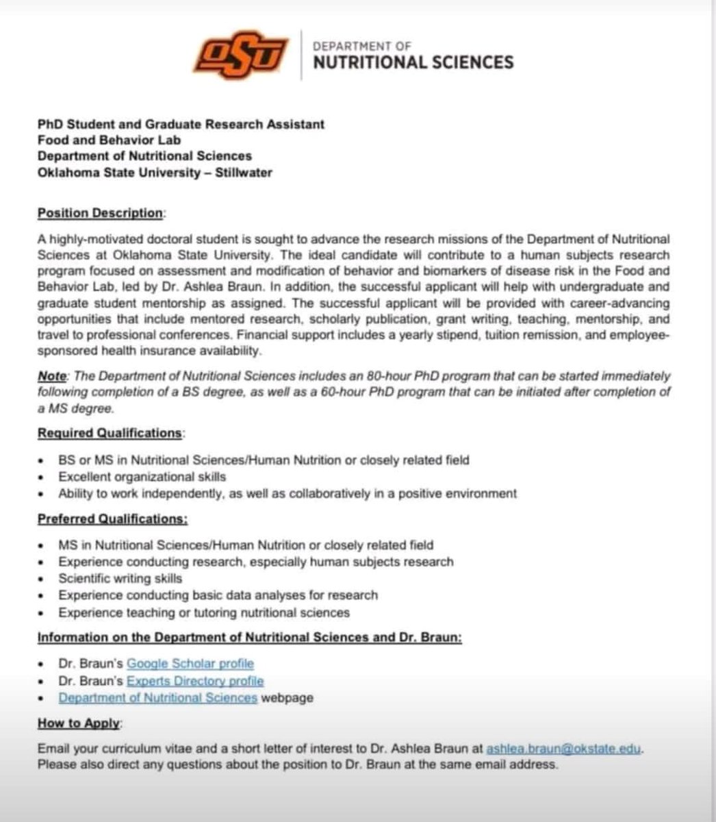 Position is available for PhD students and Graduate Research Assistant at the department of Nutritional Sciences, Oklahoma State University . Check full details below 👇 #PhD #researchassistant #nutritionalscience #opportunities