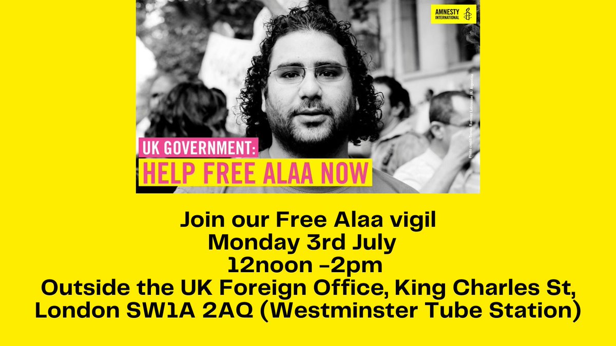 AIUKCCNAT's tweet photo. July 3rd marks ten years of President Al Sisi's @AlsisiOfficial rule over #Egypt and the country's human rights record remains dire.
British/Egyptian citizen #AlaaAbdelfattah is a human rights and pro-democracy activist who has been imprisoned for most of that time. 
#FreeAlaa https://t.co/9v4GFJL7BG