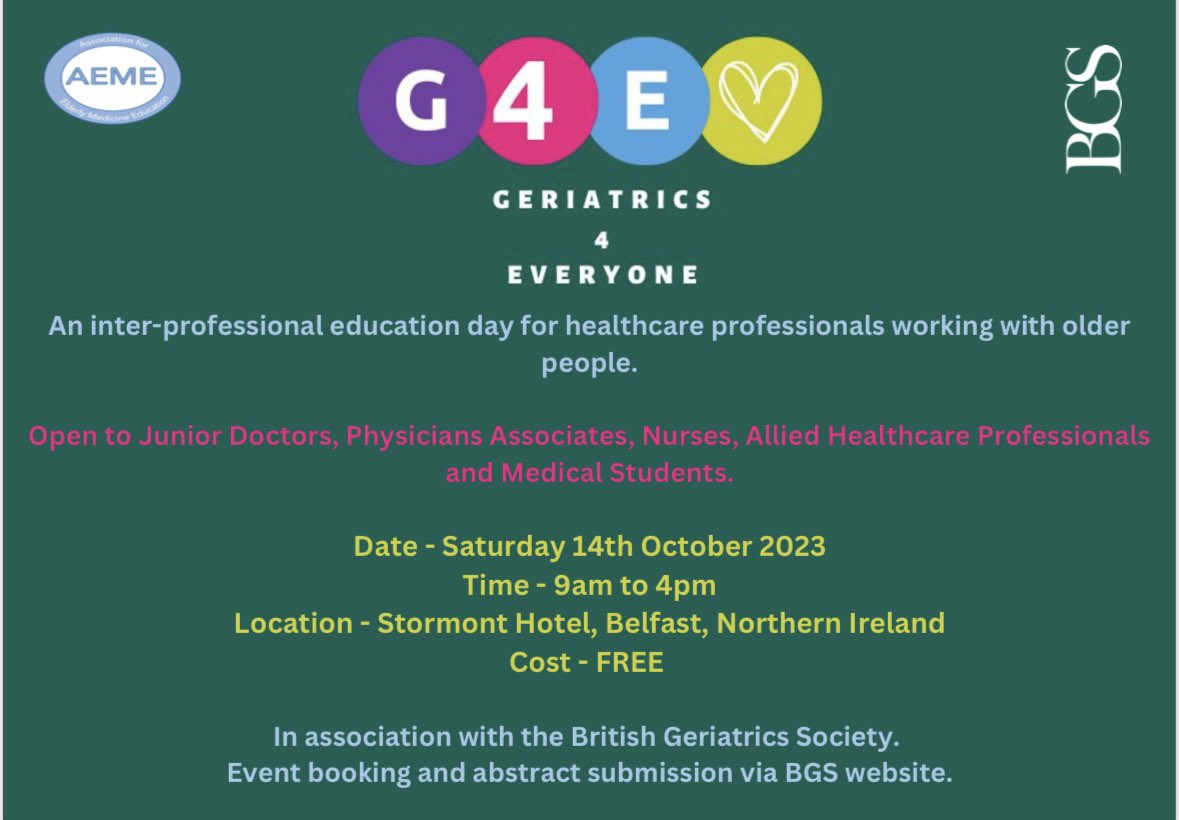 James Irvine (@jirv29) on Twitter photo ‘Geriatrics 4 Everyone’ event coming this October in association with the BGS and AEME.
Promises to be a fantastic day of education and networking for all healthcare professionals working with older people.
Sign up now open. Don’t miss out! <a href="/GeriSoc/">British Geriatrics Society</a> @ElderlyMedEd ‘Geriatrics 4 Everyone’ event coming this October in association with the BGS and AEME.
Promises to be a fantastic day of education and networking for all healthcare professionals working with older people.
Sign up now open. Don’t miss out! <a href="/GeriSoc/">British Geriatrics Society</a> @ElderlyMedEd