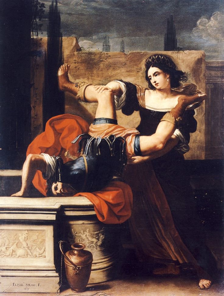 1659 painting by Elisabetta Sirani depicting Timocleia of Thebes pushing the Thracian captain who raped her into a well.
 #UnlockingWomensArt