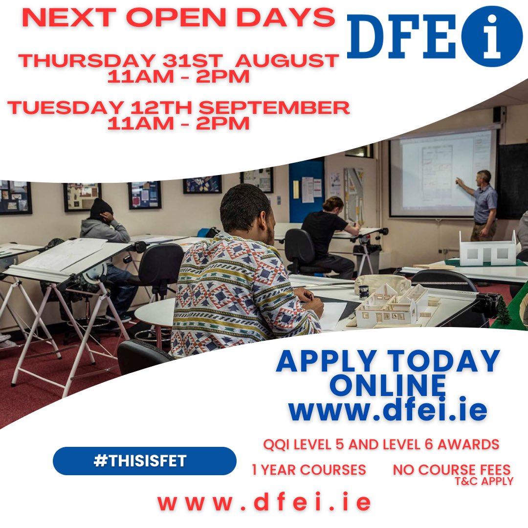 In response to cost of living crisis,  reduction in fees for all domestic students.  DFEi as part of #DDLETB, all course fees will be waived!  You’ll only have to cover an acceptance fee of €40. Continue your educational journey at DFEi.ie  #OpenDays #thisisfet