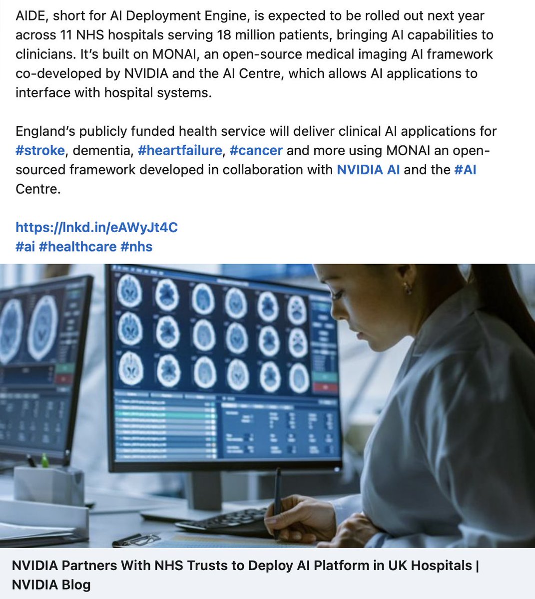 A consortium of 10 @NHSEnglandLDN Trusts deploying the MONAI-based AIDE platform providing AI-enabled disease-detection tools to healthcare professionals & includes clinical AI applications for #stroke, dementia, #heartfailure, #cancer tinyurl.com/5t48p4wd