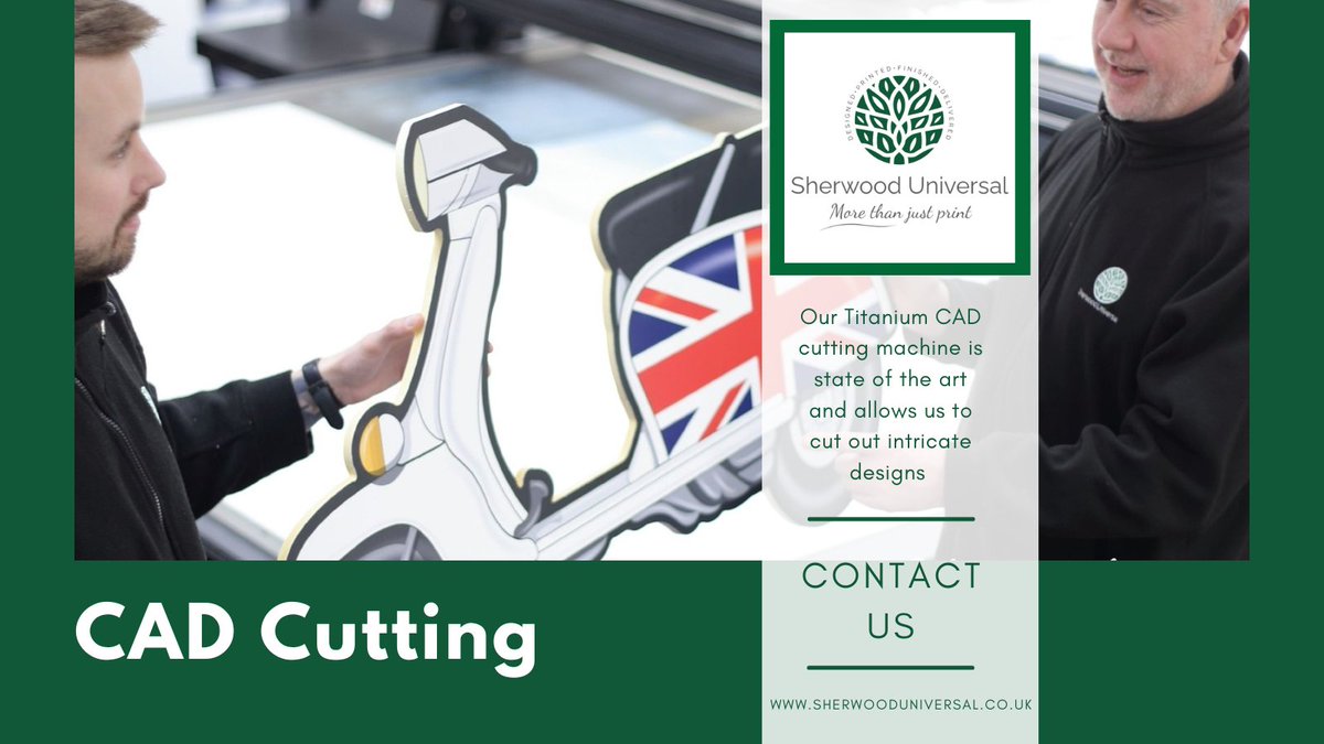 Our super accurate, laser-driven CAD cutting service can really add the finishing touch to your printed items. Personalised cut-outs or free-standing displays on Foamex, Correx, Dibond or acrylic are just some of the materials that can be cut to any shape. sherwooduniversal.co.uk/cad-cutting/