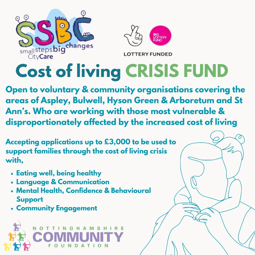 SSBC 'Cost of Living Crisis Fund' for local voluntary &amp; community organisations. Covering the areas of Aspley, Bulwell, Hyson Green &amp; Arboretum and St Ann’s. Closing date 31st July. 👉nottscf.org.uk/grant/ssbc-ide…