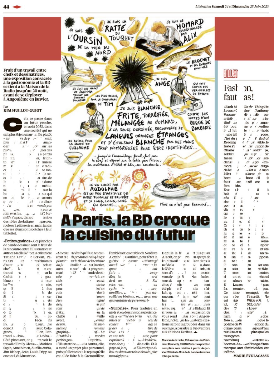 Merciiiiiiii <a href="/libe/">Libération</a> pour cet article ! "Croquez !" c'est une mise en bouche jusqu'à fin aout à la @Maisondelaradio  à Paris puis en janvier 2024 à la <a href="/CiteBd/">citebd</a> d'Angoulême et enfin en 2025 à <a href="/DijonCIGV/">Cité internationale de la gastronomie et du vin</a> sans oublier le livre en novembre aux éditions Keribus !