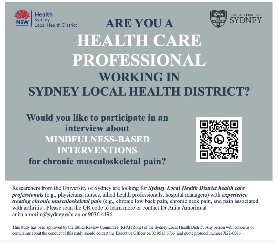NMSK Research Collaborative (@msk_health_usyd) on Twitter photo 📢Calling all <a href="/SydneyLHD/">Sydney Local Health District</a> health care professionals with experience treating chronic musculoskeletal pain! We want to hear your thoughts on mindfulness-based interventions! Your insights are invaluable! Learn more: bit.ly/slhdmindful
#ChronicPainResearch #SLHD #Mindfulness 📢Calling all <a href="/SydneyLHD/">Sydney Local Health District</a> health care professionals with experience treating chronic musculoskeletal pain! We want to hear your thoughts on mindfulness-based interventions! Your insights are invaluable! Learn more: bit.ly/slhdmindful
#ChronicPainResearch #SLHD #Mindfulness