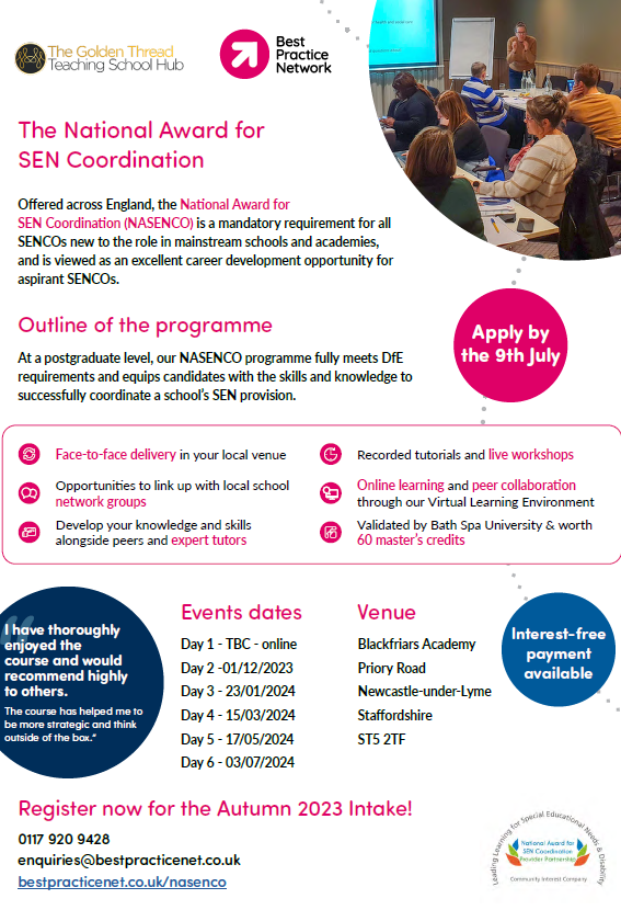 * NASENCO * National Award for SEN Coordination - applications for Autumn 2023 cohort close 9th July!
When applying, remember to put "The Golden Thread TSH" as your delivery partner. 
Apply here: goldenthreadtsh.co.uk/nasenco-apply-…
<a href="/bestpracticenet/">BestPracticeNetwork</a> <a href="/ClareOberman/">Clare Oberman</a> <a href="/LisaAnn_Rhodes/">Lisa Rhodes</a>
#NASENCO