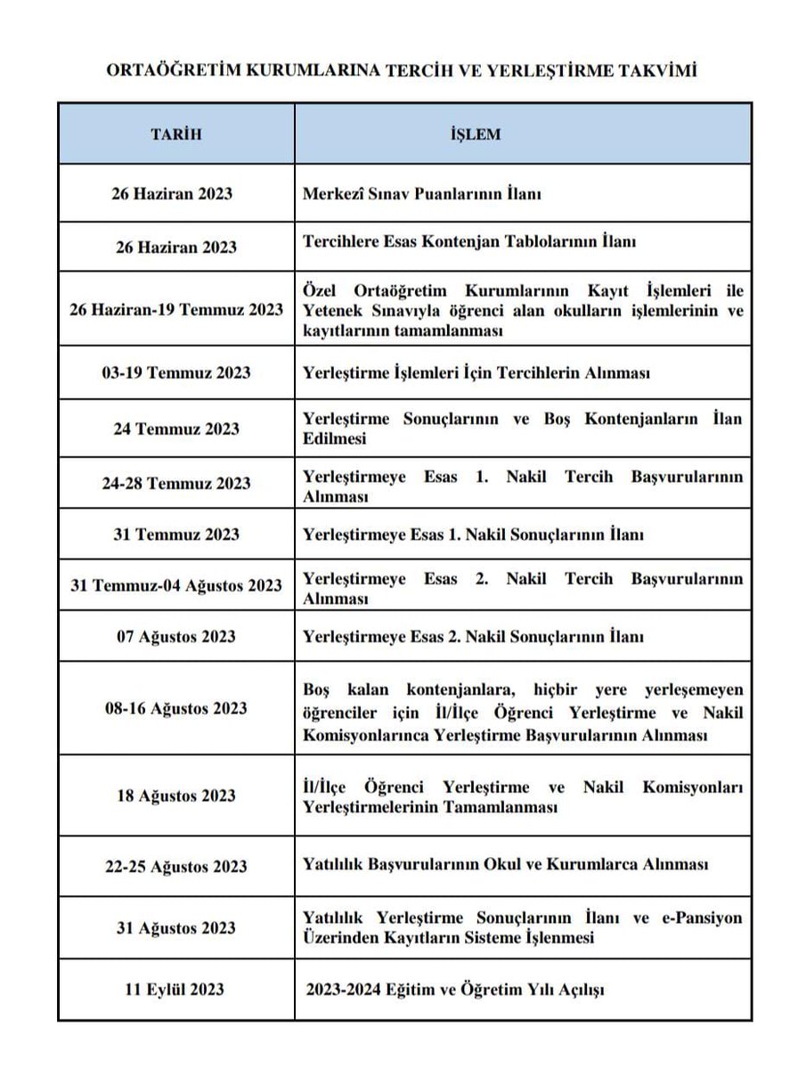 🔹"Ortaöğretim Kurumlarına Tercih ve Yerleştirme Takvimi" yayımladı.

#LGS2023

<a href="/tcmeb/">Millî Eğitim Bakanlığı</a> <a href="/Yusuf__Tekin/">Yusuf Tekin</a>
<a href="/memleventyazici/">Levent Yazıcı</a>