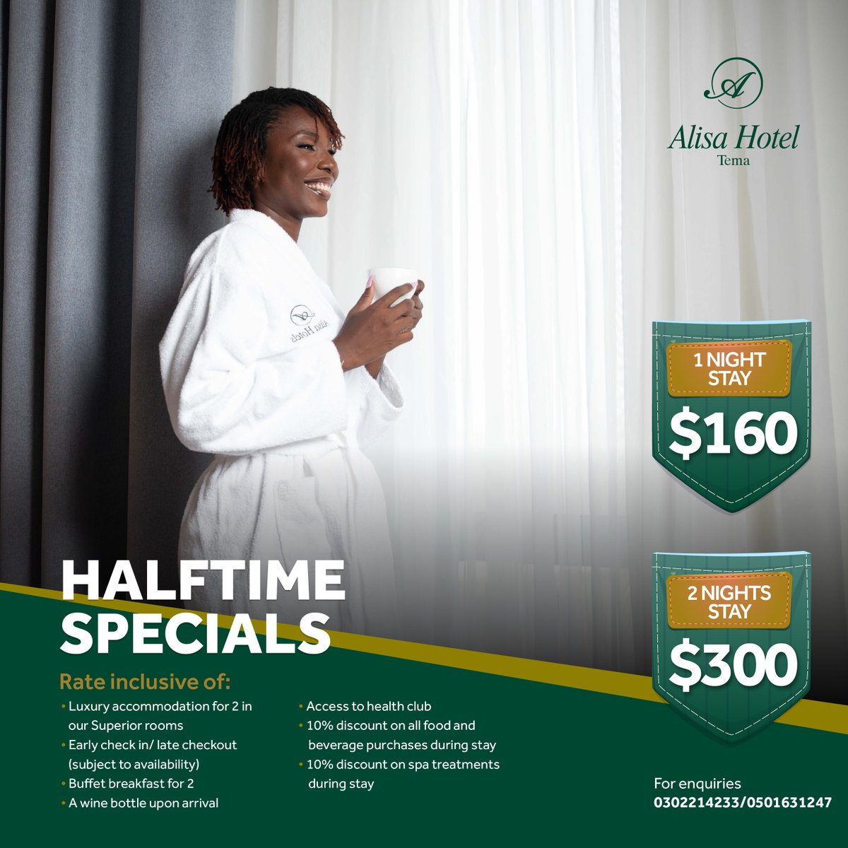 AlisaHotelGroup's tweet photo. A new week has started but this is your sign to plan for the weekend.
Book yourself a relaxing stay for the weekend or for the holiday.
Trust us to make your stay memorable!
For reservations, contact 0302750930/ 0501631252
#alisahotels #alisatema #ItsHalftime https://t.co/qRV5ezFyv7