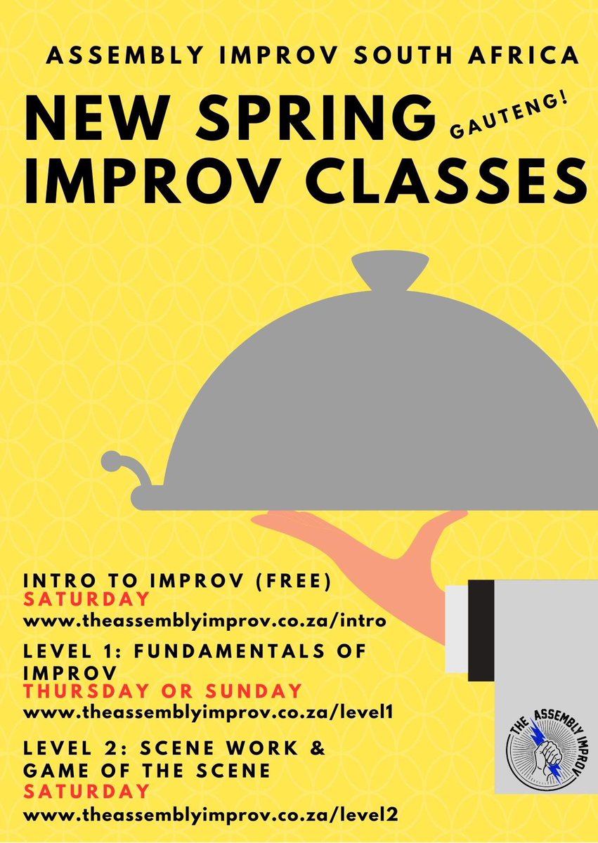 New improv classes open! Get your SPRING on in style with our free INTRO to improv or two LEVEL 1 classes to suit your times or start to master your craft with LEVEL 2!  The Assembly Improv South Africa

#improv #longformimprov #improvcomedy @ImprovAfrica