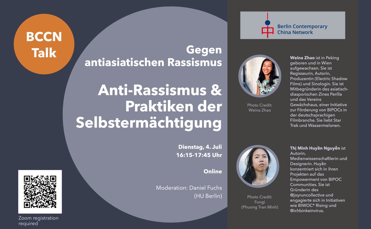 Berlin Contemporary China Network (BCCN) (@berlinbccn) on Twitter photo Wir laden herzlich ein zum BCCN Talk "Gegen antiasiatischen Rassismus: Anti-Rassismus & Praktiken der Selbstermächtigung" mit Zhao Weina & Thị Minh Huyền Nguyễn (<a href="/goldtogreen_/">Thị Minh Huyền Nguyễn (she/her)</a>) am 4. Juli 2023. Registrierung: hu-berlin.zoom.us/meeting/regist… Wir laden herzlich ein zum BCCN Talk "Gegen antiasiatischen Rassismus: Anti-Rassismus & Praktiken der Selbstermächtigung" mit Zhao Weina & Thị Minh Huyền Nguyễn (<a href="/goldtogreen_/">Thị Minh Huyền Nguyễn (she/her)</a>) am 4. Juli 2023. Registrierung: hu-berlin.zoom.us/meeting/regist…