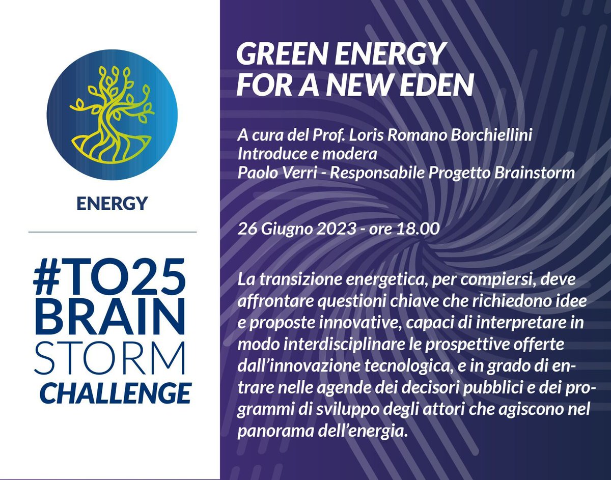 Politecnico di Torino (@politonews) on Twitter photo #BRAINstorm
Non perdere la presentazione della sfida Energia Verde: “Green Energy for a new Eden”, una delle 3 challenge promosse dal #PoliTo tra le 9 sfide lanciate nell'ambito di #To25 BRAINstorm
📆oggi - h18 (Online)
ℹ️polito.it/ateneo/comunic…
<a href="/Torino2025/">Torino 2025</a> #BRAINstorm
Non perdere la presentazione della sfida Energia Verde: “Green Energy for a new Eden”, una delle 3 challenge promosse dal #PoliTo tra le 9 sfide lanciate nell'ambito di #To25 BRAINstorm
📆oggi - h18 (Online)
ℹ️polito.it/ateneo/comunic…
<a href="/Torino2025/">Torino 2025</a>