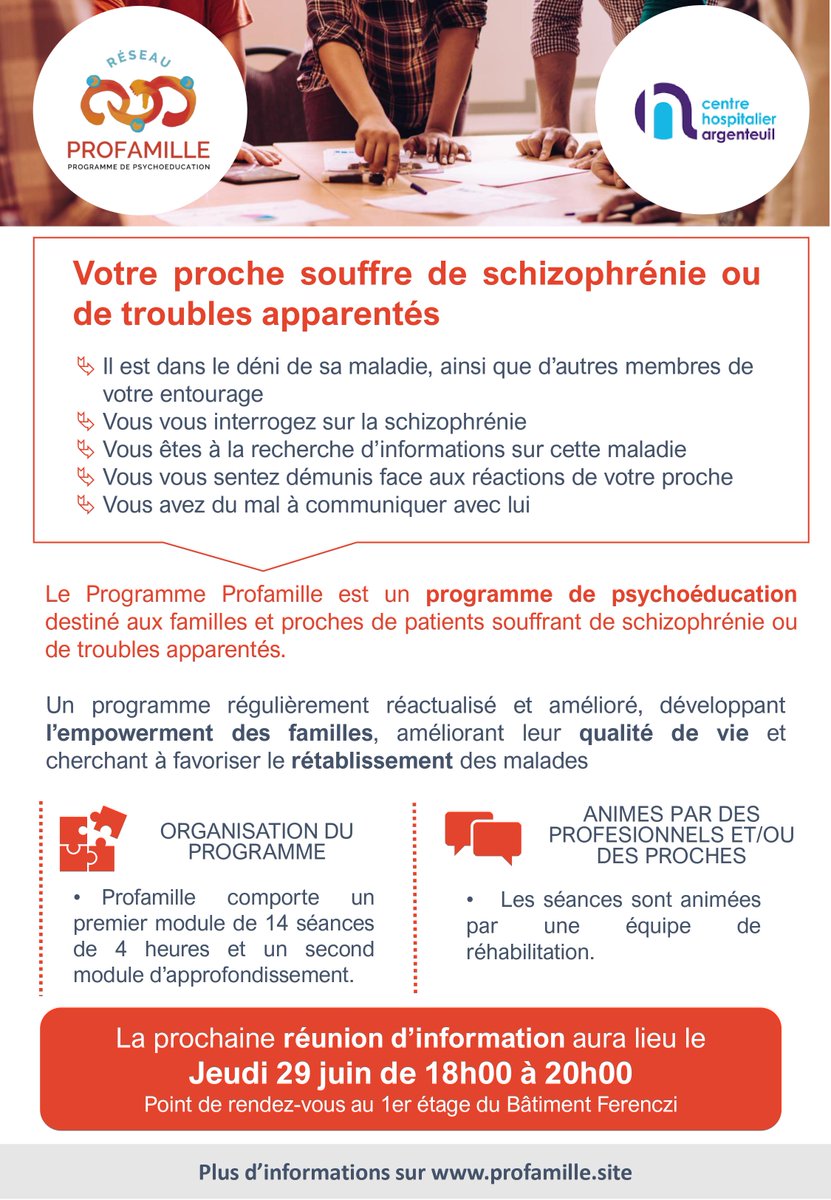 CH_Argenteuil's tweet photo. #santémentale I 📅 Une nouvelle session #Profamille est proposée au @CH_Argenteuil, jeudi 29 juin prochain, de 18h à 20h.
ℹ️ Un programme riche et des informations utiles pour mieux accompagner un proche souffrant de #schizophrénie, ou de troubles apparentés.
➕d'Info 👇 https://t.co/67hXWTHN5u