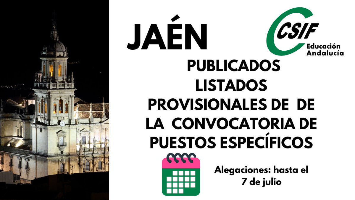 📃 LISTADOS PROVISIONALES DE PUESTOS ESPECÍFICOS EN #JAÉN

✅  Se han publicado los listados provisionales de aspirantes admitidos/as y  excluidos/as para cubrir, con ocasión de vacante y posibles  sustituciones, puestos docentes de carácter específico para el curso  2023/2024
