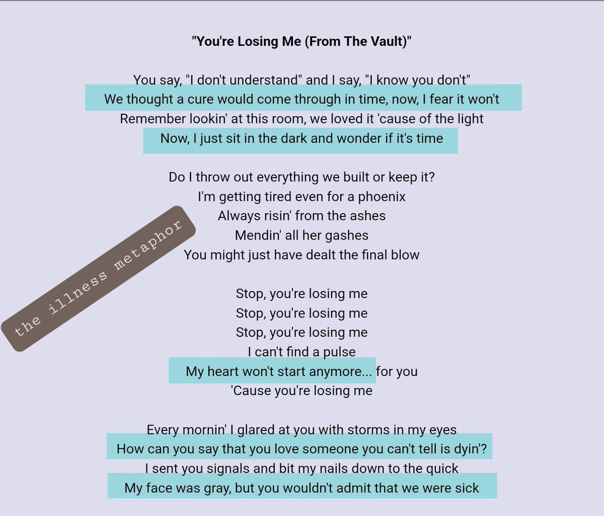 TW: d3ath

You're Losing Me tells the story of a dying relationship — the pure genius of Taylor Swift comparing the slow death of her relationship to death from an illness.

#YoureLosingMe
#TSmidnighTS