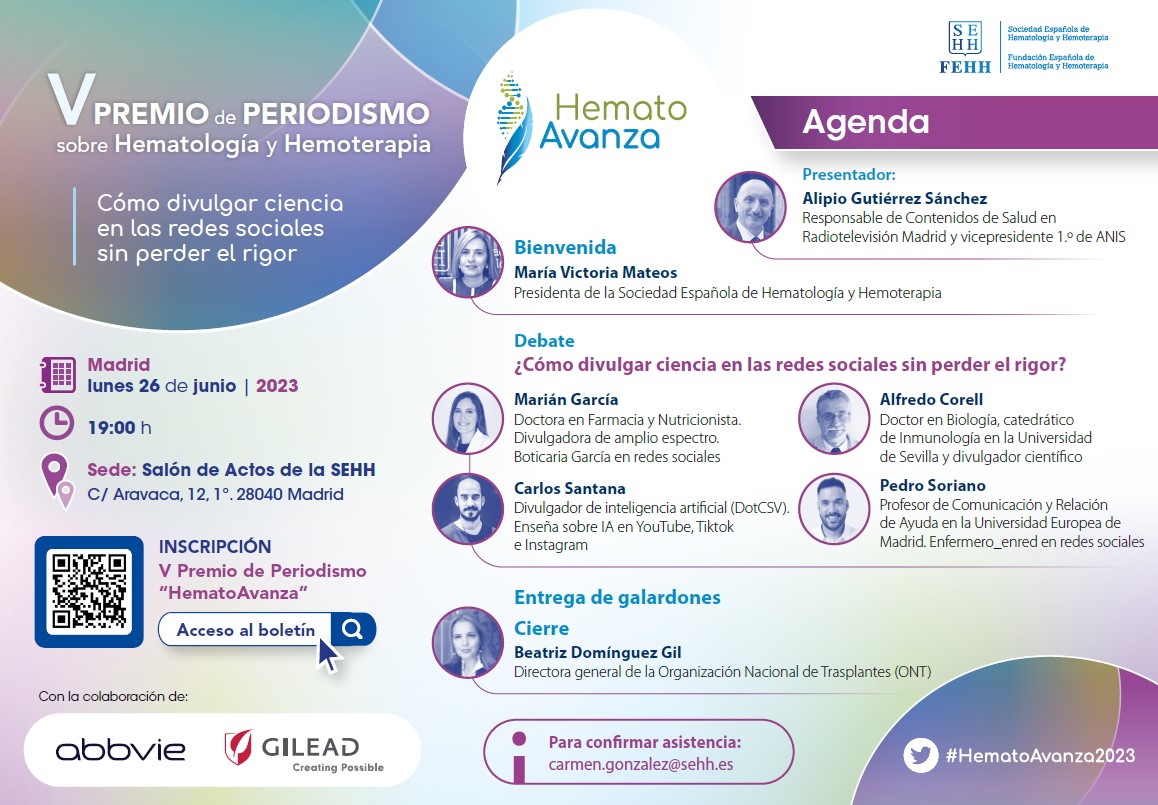 sehh_es's tweet image. 📣Esta tarde entregamos el V Premio de #Periodismo #HematoAvanza2023👇
📍Sede de la SEHH (C/ Aravaca, 12, 1º)
▶️Cómo divulgar #ciencia en #rrss sin perder el rigor, con @boticariagarcia,@DotCSV,@alfredocorell y
@EnfermeroEnred 
Inscripción: bit.ly/43ObZW2